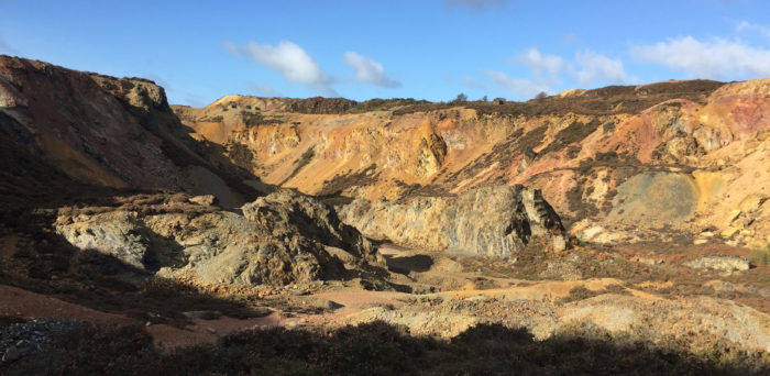 The "Great Opencast" at Parys Mountain with the central boss to the right of centre in the photo.
